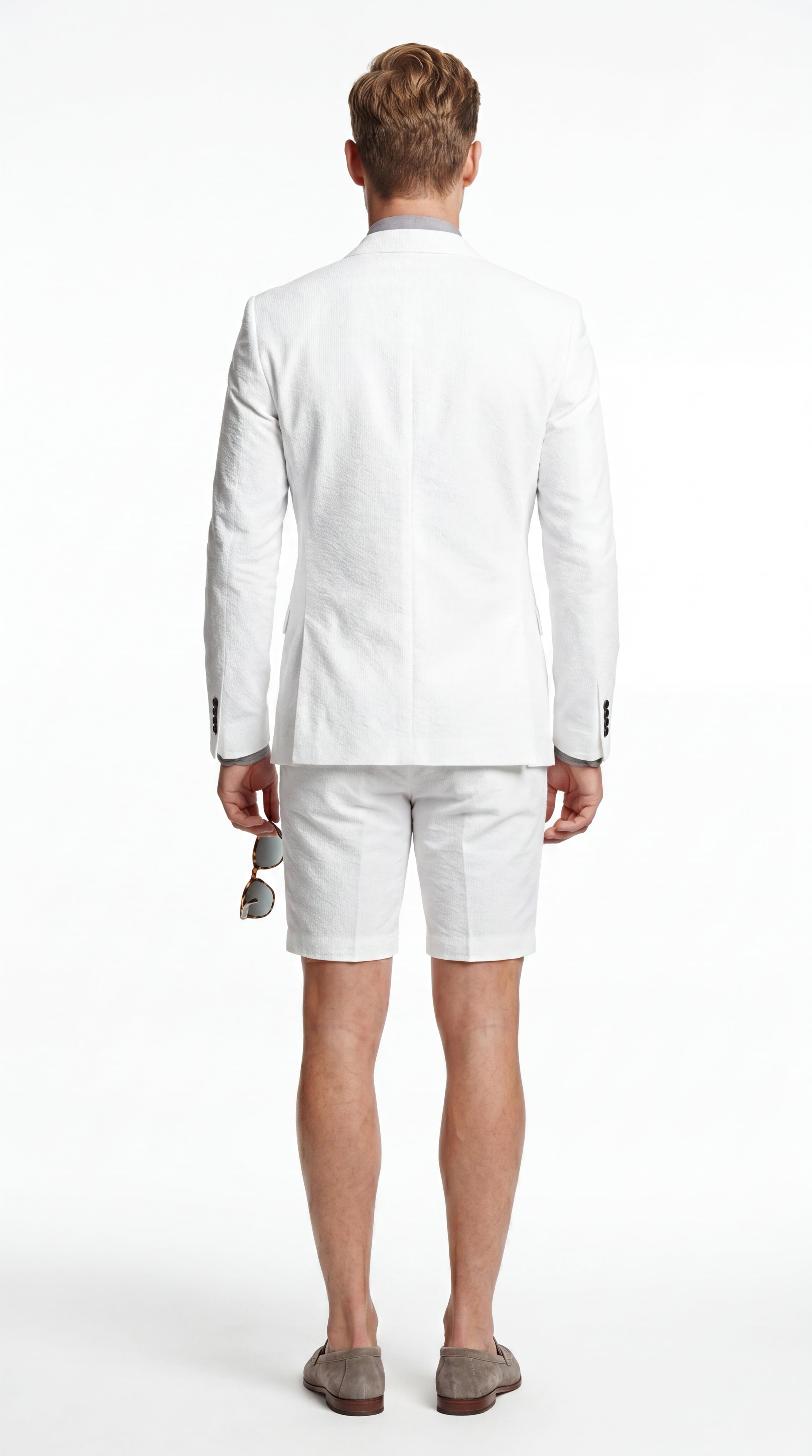 Men’s Cotton Fabric White 2 Piece Summer Suit with Shorts, Casual Beach Wedding and Resort Formal Outfit
