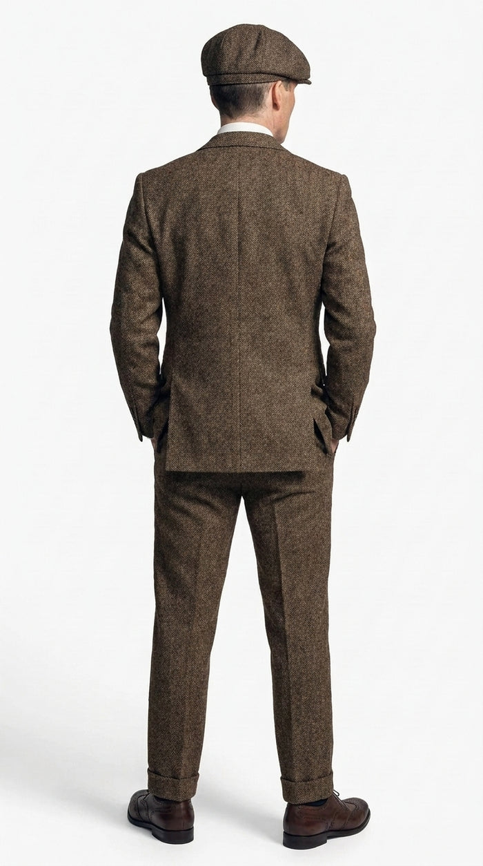 Men's Thomas Shelby Brown Tweed Herringbone 3-Piece Suit – Peaky Blinders 1920s Vintage-Style Suit with Matching Vest & Trousers