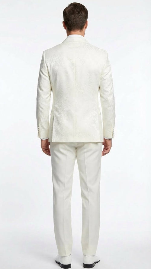 Mens Ivory Double Breasted Tuxedo Dinner Jacket Textured Blazer Paisley Texture Pattern in Off White Cream Color + Bowtie