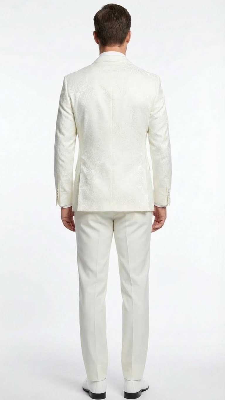 Men’s Ivory Double Breasted Tuxedo Dinner Jacket – Textured Blazer Paisley Texture Pattern in Off White Cream Color + Bowtie - 36 Short