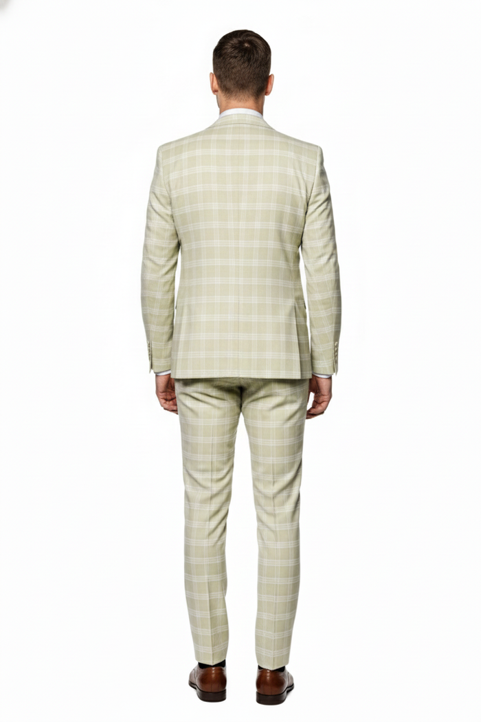 Mens Light Beige Check 3-Piece Suit Set  Premium Tailored Fit Formal Wedding and Spring Event Suit Light Tan Sand Color By Rossiman