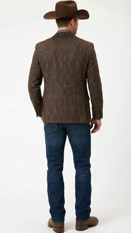 Mens Brown Western Tweed Herringbone Blazer Jacket  Classic Cowboy Style Sport Coat for Wedding Party