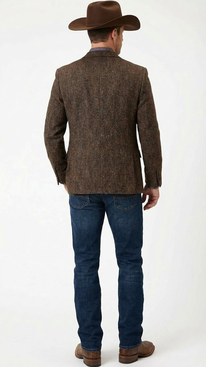 Mens Brown Western Tweed Herringbone Blazer Jacket  Classic Cowboy Style Sport Coat for Wedding Party