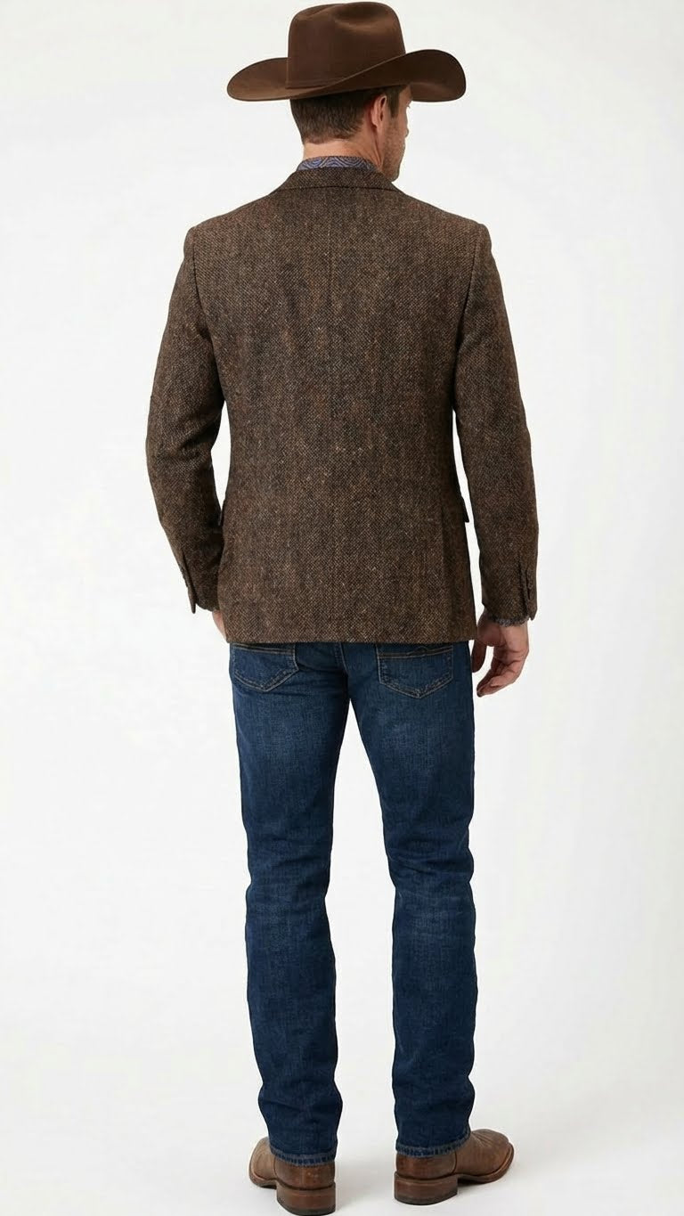 Mens Brown Western Tweed Herringbone Blazer Jacket  Classic Cowboy Style Sport Coat for Wedding Party