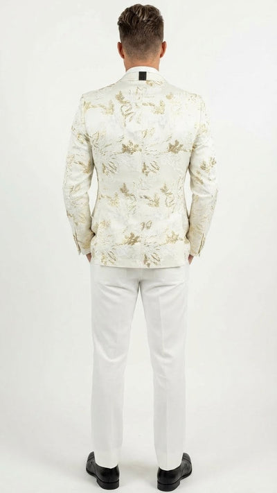 Mens White and Gold Patterned Blazer Paisley Floral Pattern Prom Wedding Suit Tuxedo Dinner Jacket + Bowtie
