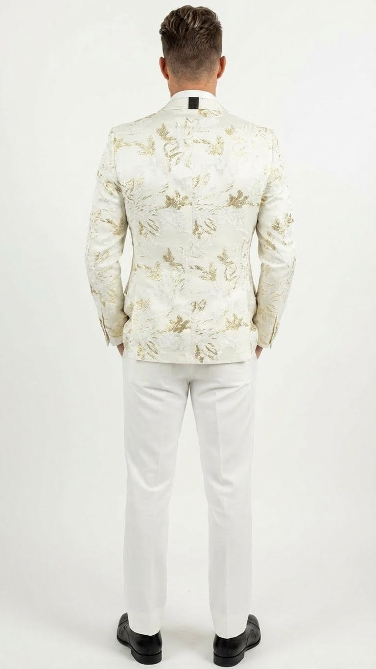 Men’s White and Gold Patterned Blazer – Paisley Floral Pattern Prom Wedding Suit Tuxedo Dinner Jacket + Bowtie - Gray