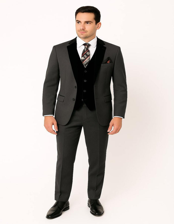 Men's Charcoal Gray 3-Piece Suit with Black Velvet Lapel â€“ Formal Business and Wedding Attire - Gray Tuxedo