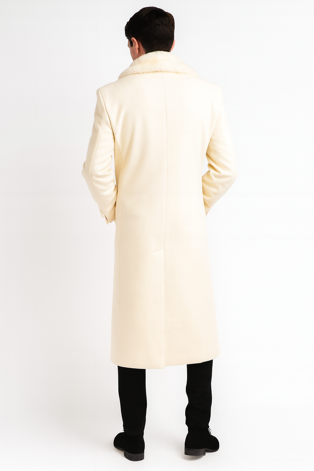 Men’s Ivory - Cream - Off White Full-Length Overcoat with Luxurious Faux Fur Shawl Collar – Winter Dress Coat - Coat Size 36