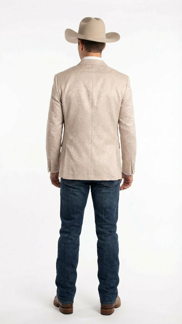 Men’s Tan Khaki Beige Cream Champaign Paisley Western Blazer Jacket, Embossed Dress Sport Coat for Wedding Party Rodeo Style - 36 Short