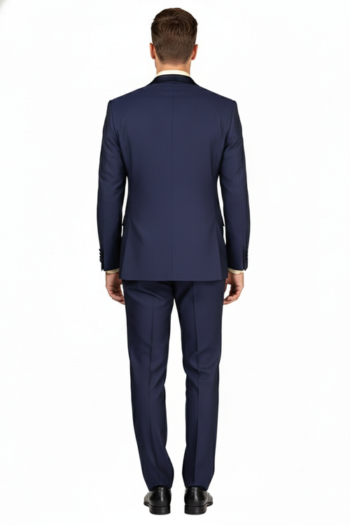 Mens Navy Blue Double-Breasted Tuxedo with navy Satin Peak Lapel Wedding Suit