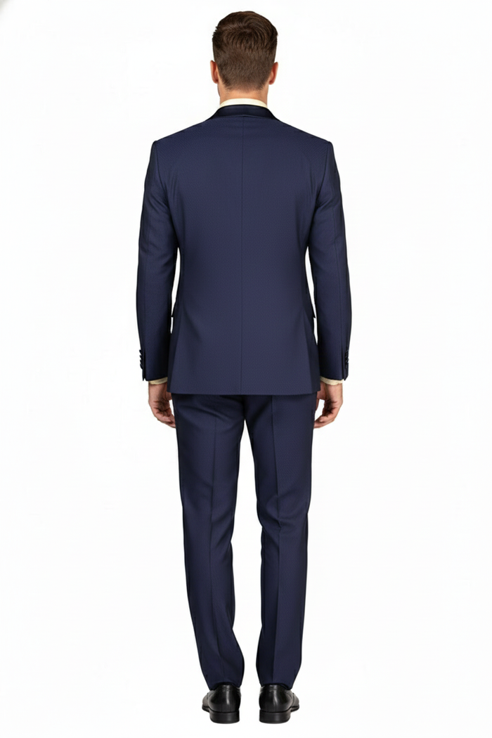Mens Navy Blue Double-Breasted Tuxedo with navy Satin Peak Lapel Wedding Suit