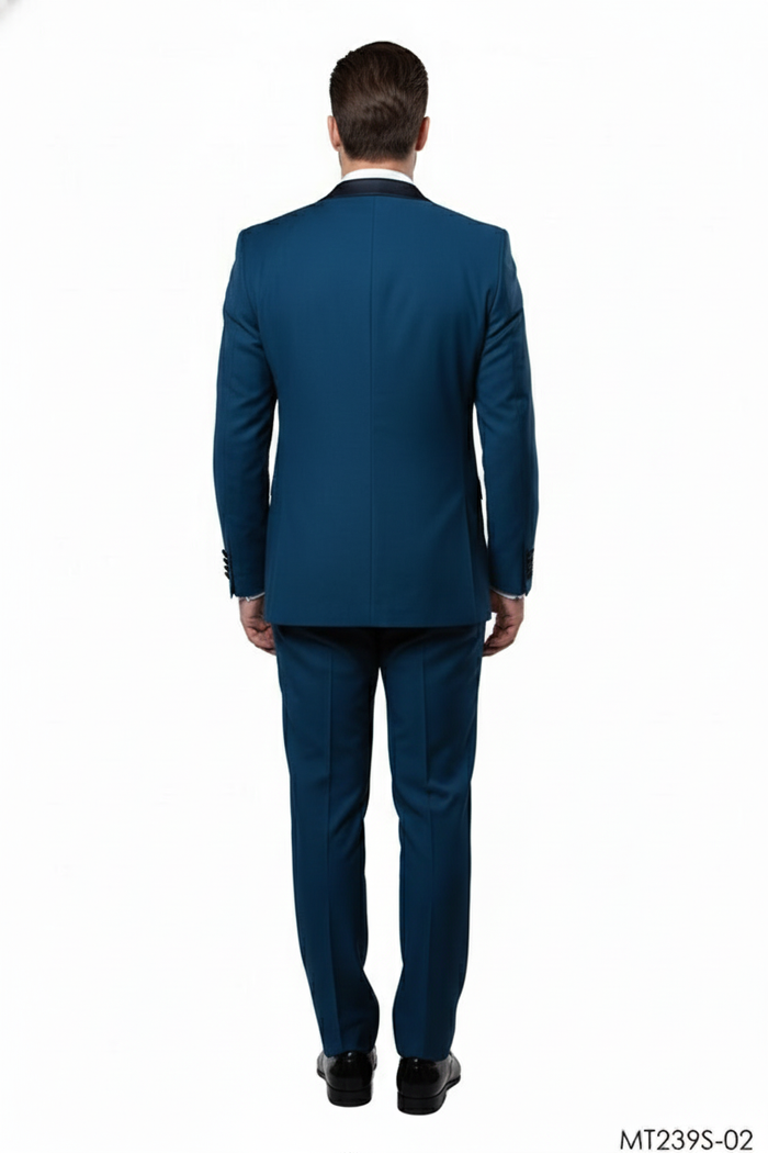Mens Teal Blue Tuxedo 3-Piece Formal Suit with Satin Shawl Lapel, Vest, and Pants in Saphire Cobalt Blue Color