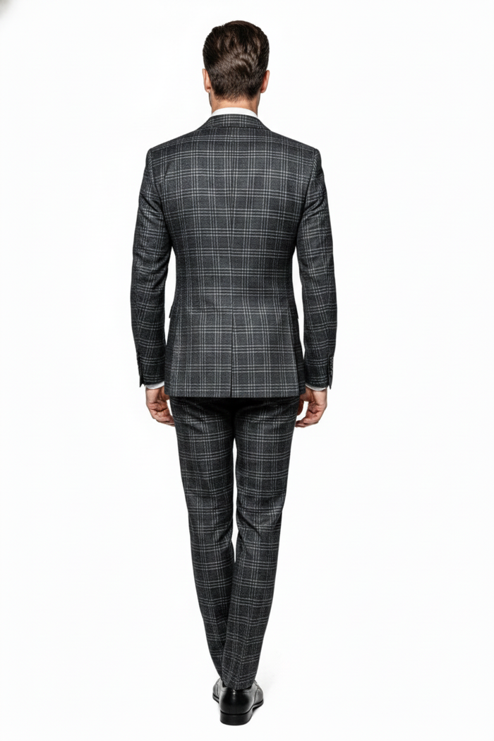 Mens Charcoal Plaid Double-Breasted Suit Tailored Pants Windowpane Pattern By Rossiman