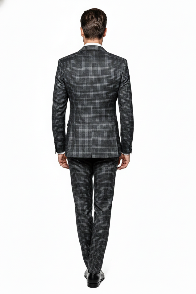 Men’s Charcoal Plaid Double-Breasted Suit –  Tailored Pants Windowpane Pattern By Rossiman - 34 Short or Extra Small