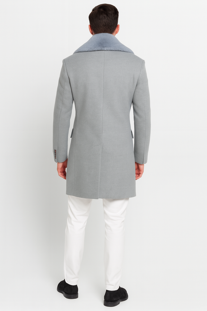 Mens Light Grey Double Breasted Overcoat with Faux Fur Shawl Collar â€“ Winter Luxury Coat Wool Fabric