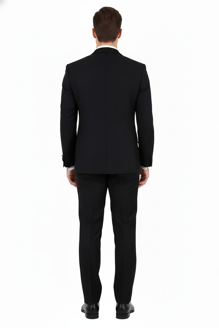 Tiglio Brand 100% Wool Super 150s Italian fabric Mens Classic Black Double-Breasted Tuxedo with Satin Peak Lapel Formal Wedding & Gala Suit Set