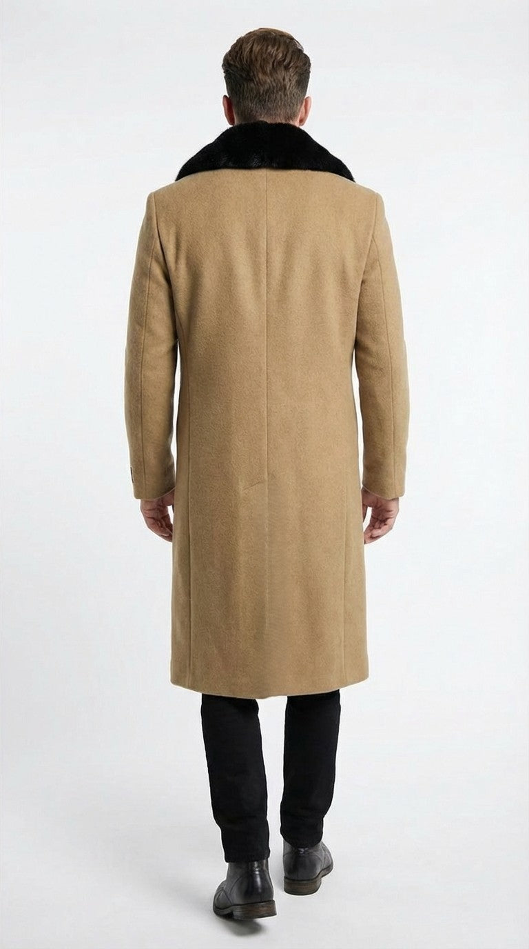 Mens Camel Tan Long Overcoat with Black Faux Fur Collar - Wool Topcoat Three if not Full length - Three Quarter