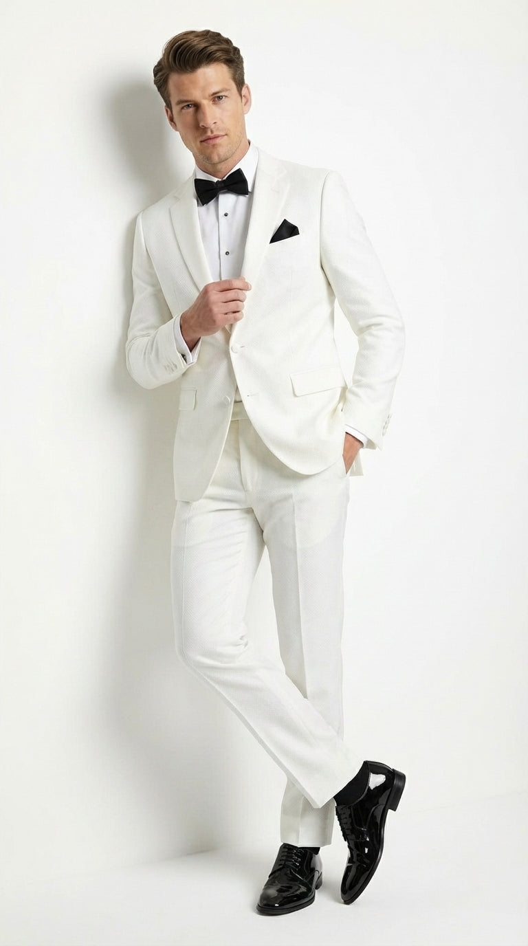 Mens White Wedding Tuxedo Suit – Formal Groom Suit Set Classic Dinner Jacket + White Tuxedo Shirt + Black Bow Tie - 34 Short or Extra Small