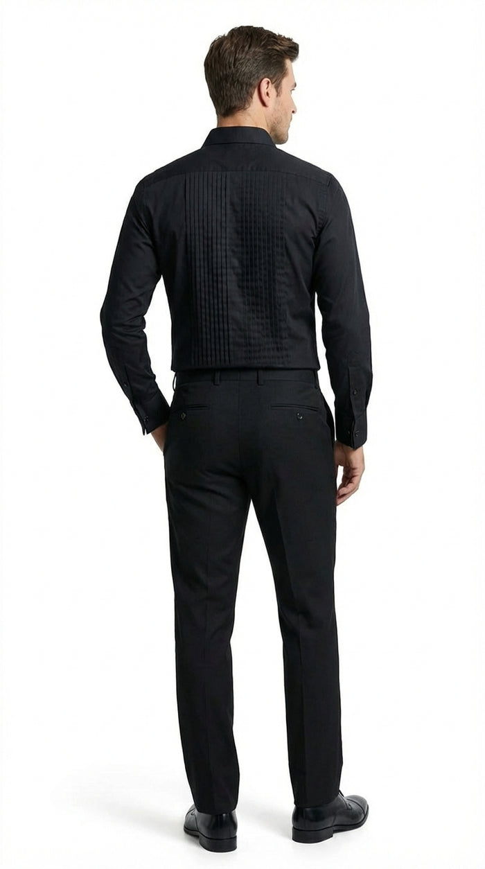 Mens Black Pleated Tuxedo Dress Shirt | Formal Laydown Collar Button-Up Shirt for Weddings & Black Tie By Tiglio