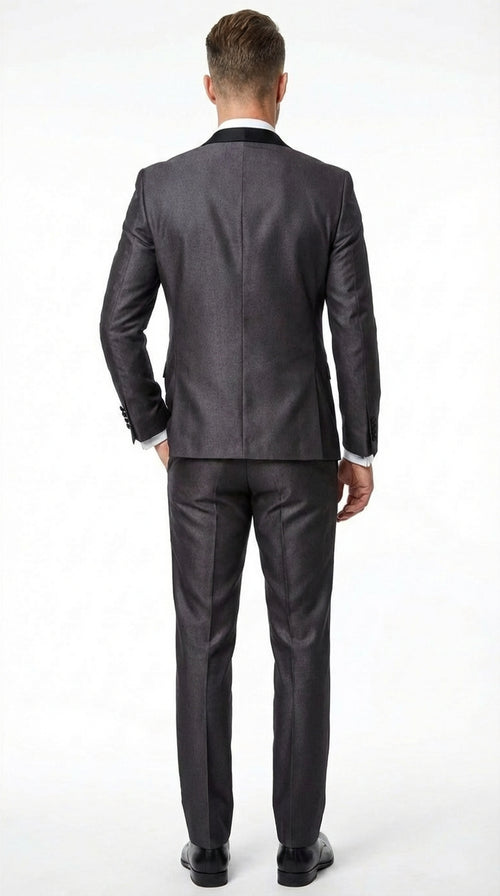 Mes Shiny Sateen Charcoal Gray Tuxedo 3 Piece Suit with Black Shawl Lapel | Formal Wedding Prom Suit Sharkskin