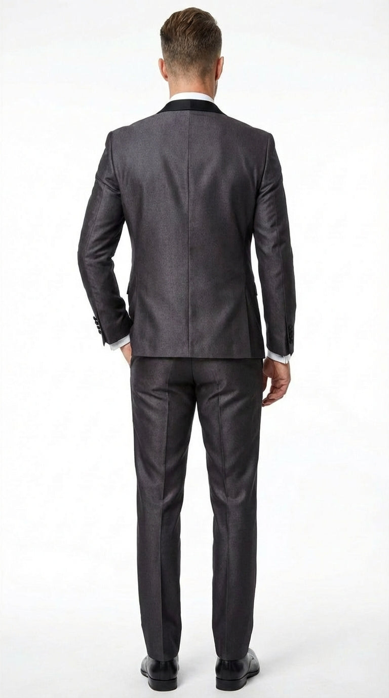 Mes Shiny Sateen Charcoal Gray Tuxedo 3 Piece Suit with Black Shawl Lapel | Formal Wedding Prom Suit Sharkskin