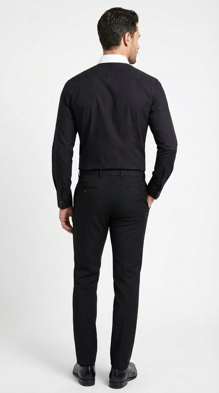 Men’s Black Dress Shirt with White Contrast Collar | French Cuff Cotton Poplin Formal Button-Up Shirt - 15.5" Neck / 35" Sleeve