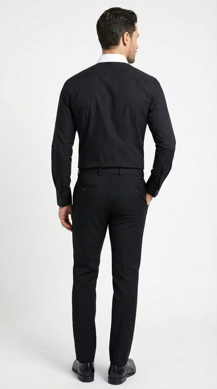Mens Black Dress Shirt with White Contrast Collar | French Cuff Cotton Poplin Formal Button-Up Shirt