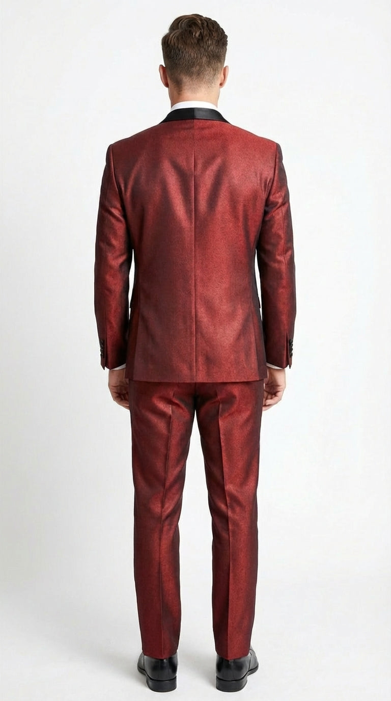 Mens Shiny Burgundy Satin Tuxedo Jacket with Black Shawl Lapel | Formal Wedding & Prom Blazer - Sharkskin Fabric - 34 Short or Extra Small