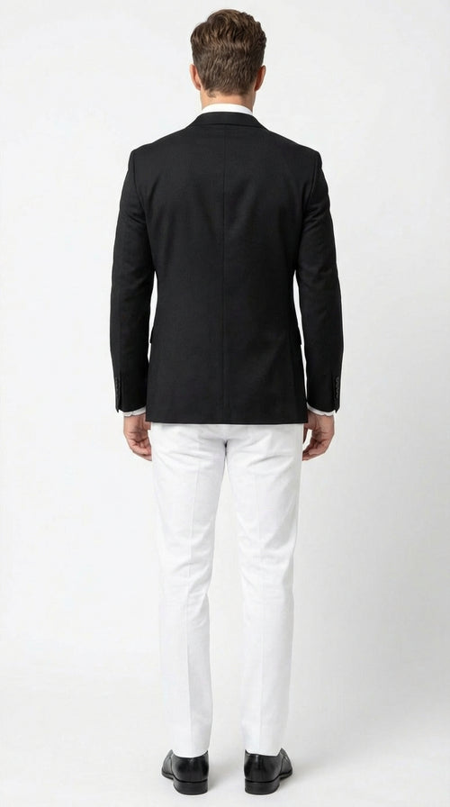 Mens Solid Black Two Button Suit Jacket Blazer With White Pants | Black Blazer Sport Coat