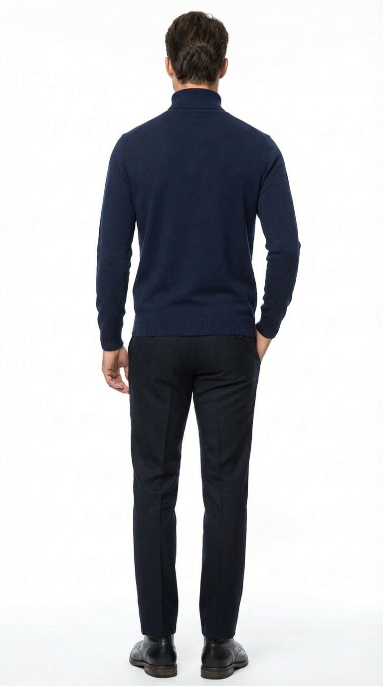 Mens Navy Blue Turtleneck Sweater Pullover | Cotton Blend Long Sleeve Knit Top for Casual & Smart Wear