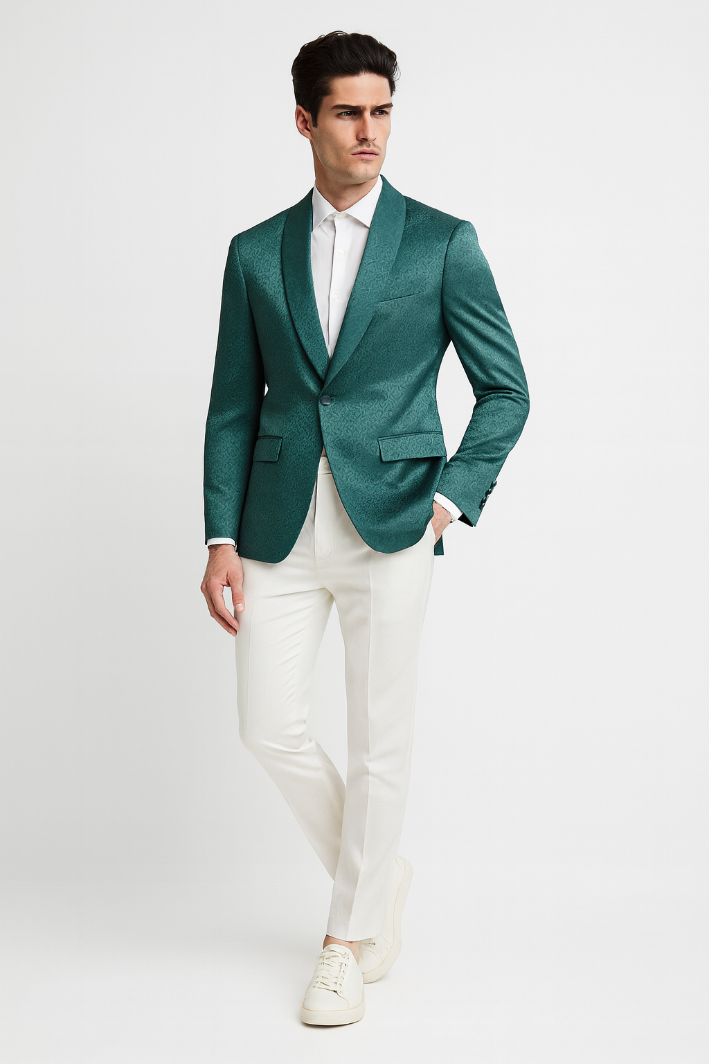 Men’s Teal Green Floral Jacquard Blazer – Slim Fit Tuxedo Jacket for Weddings, Proms, and Parties - 34 Short