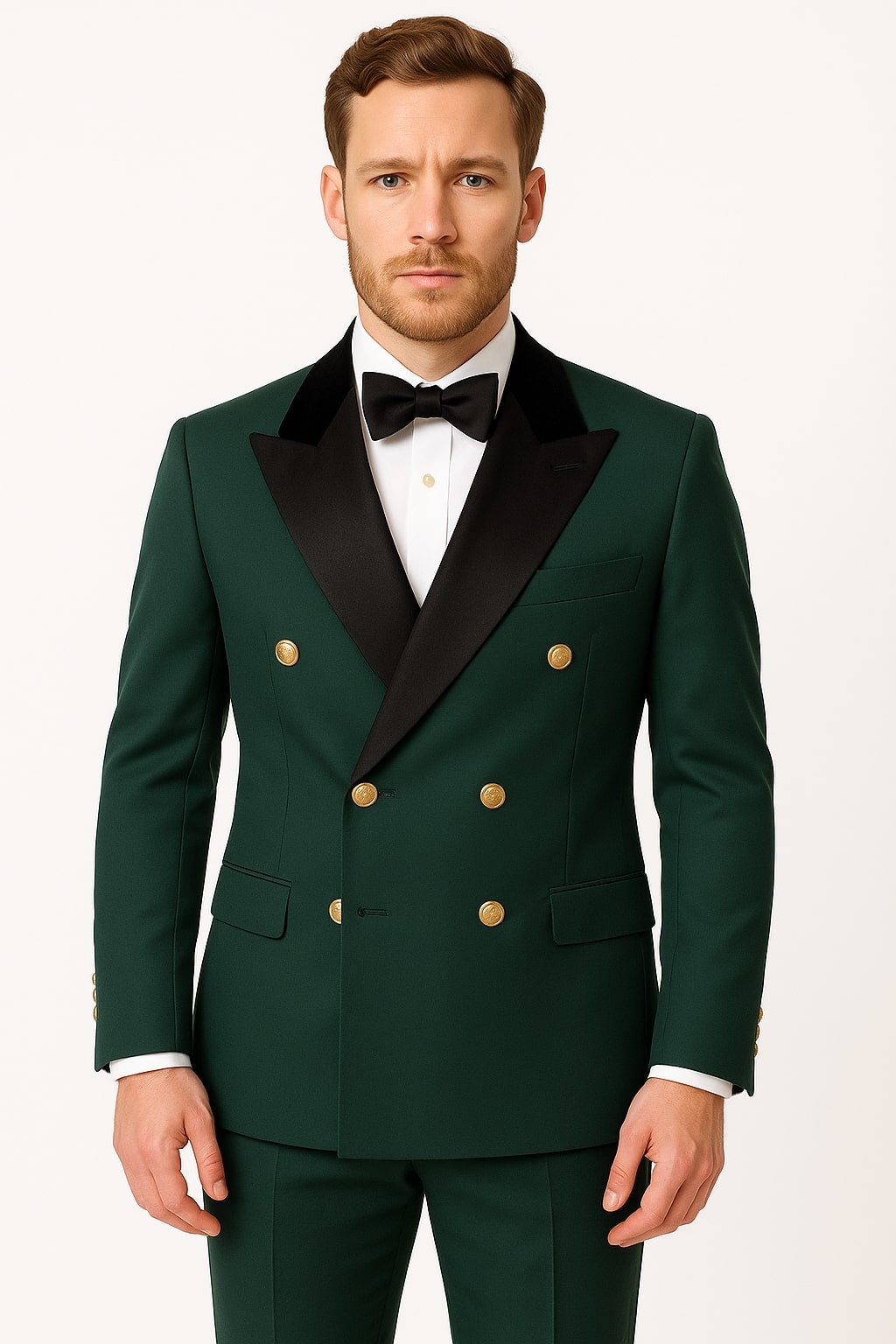 Men's Green Double-Breasted Wedding Tuxedo with Black Velvet Lapel and Gold Buttons - 34 Short or Extra Small