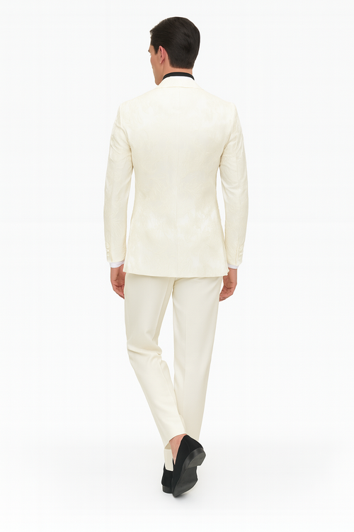 Mens Ivory Floral Embroidered Tuxedo Jacket Elegant Wedding and Party Blazer in Cream Color With Ivory Pants