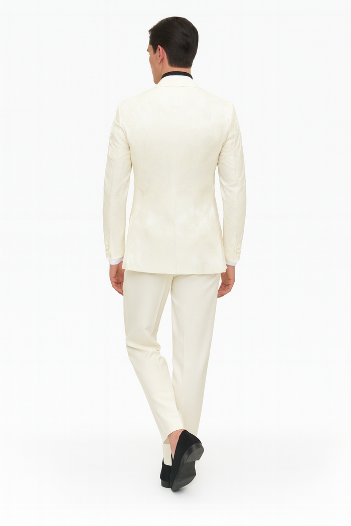 Mens Ivory Floral Embroidered Tuxedo Jacket Elegant Wedding and Party Blazer in Cream Color With Ivory Pants