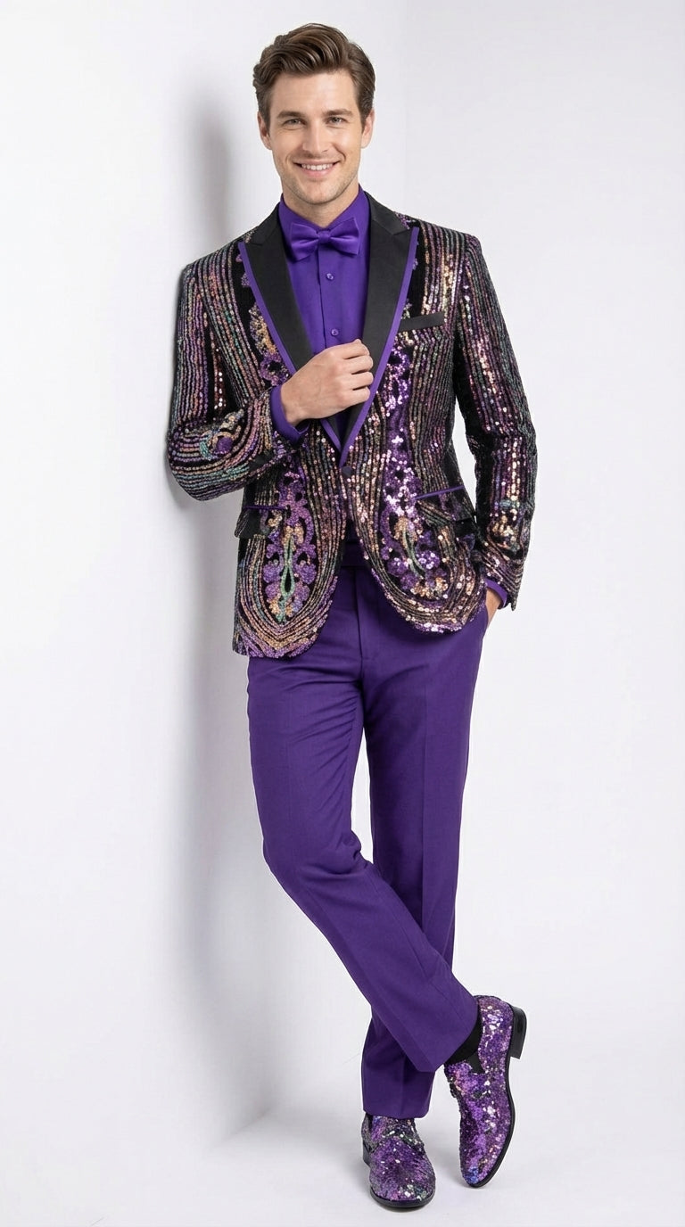Mens Mardi Gra Black and Purple and Gold Sequin Tuxedo Jacket Set – Designer with Floral Pattern Jacket Formal Wedding Party Wear Bowtie - 36 Short