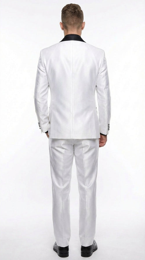 Mens White Shiny Flashy Fabric Tuxedo Suit with Black Shawl Lapel | Luxury Formal Wedding and Evening Suit Sharkskin Metallic Fabric