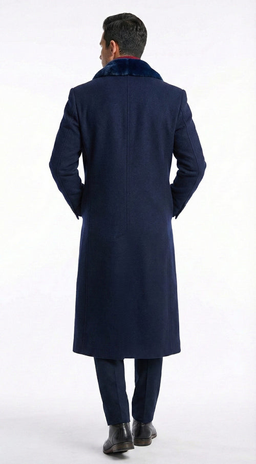 Mens Dark Navy Blue Long Overcoat with Faux Fur Collar, Classic Winter Dress Coat for Formal