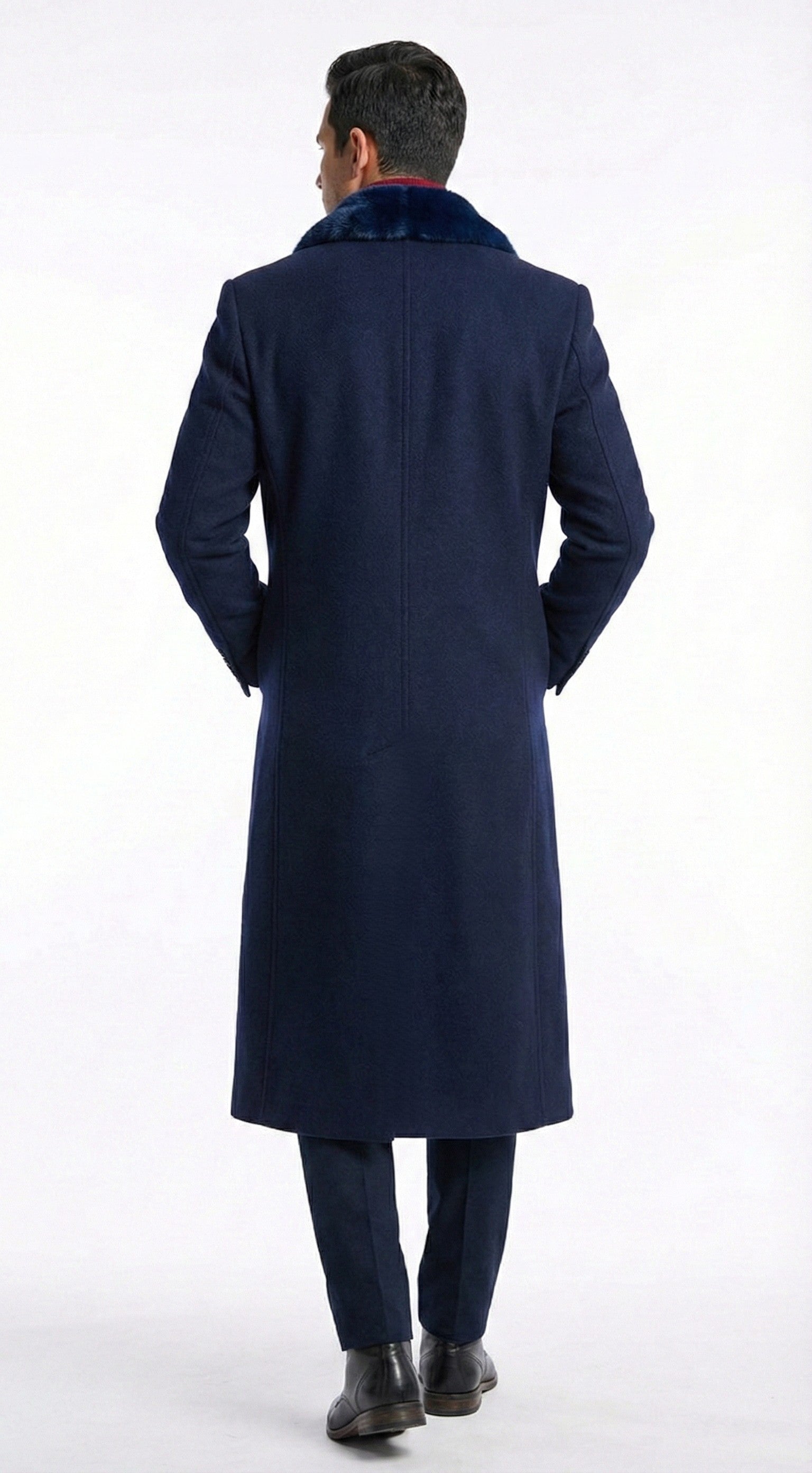 Mens Dark Navy Blue Long Overcoat with Faux Fur Collar, Classic Winter Dress Coat for Formal