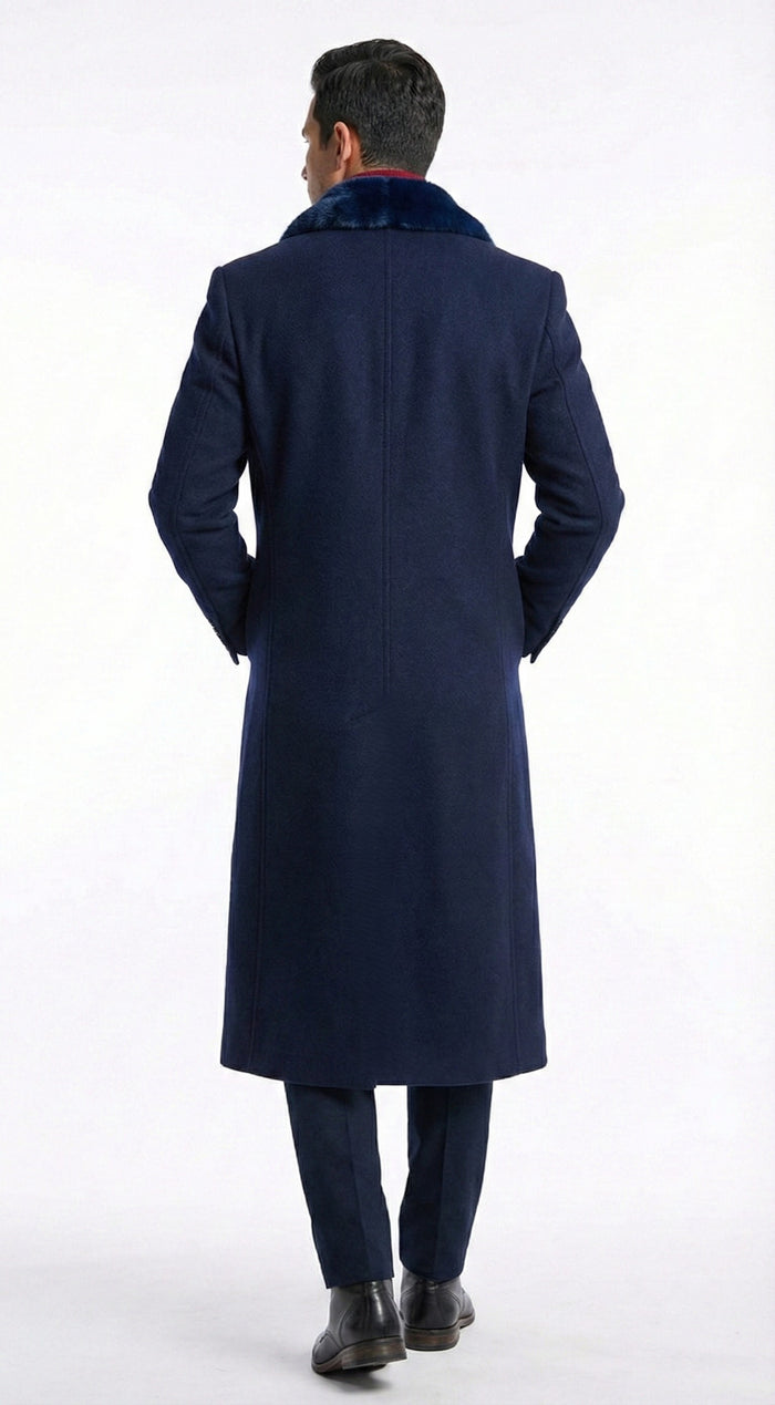 Mens Dark Navy Blue Long Overcoat with Faux Fur Collar, Classic Winter Dress Coat for Formal