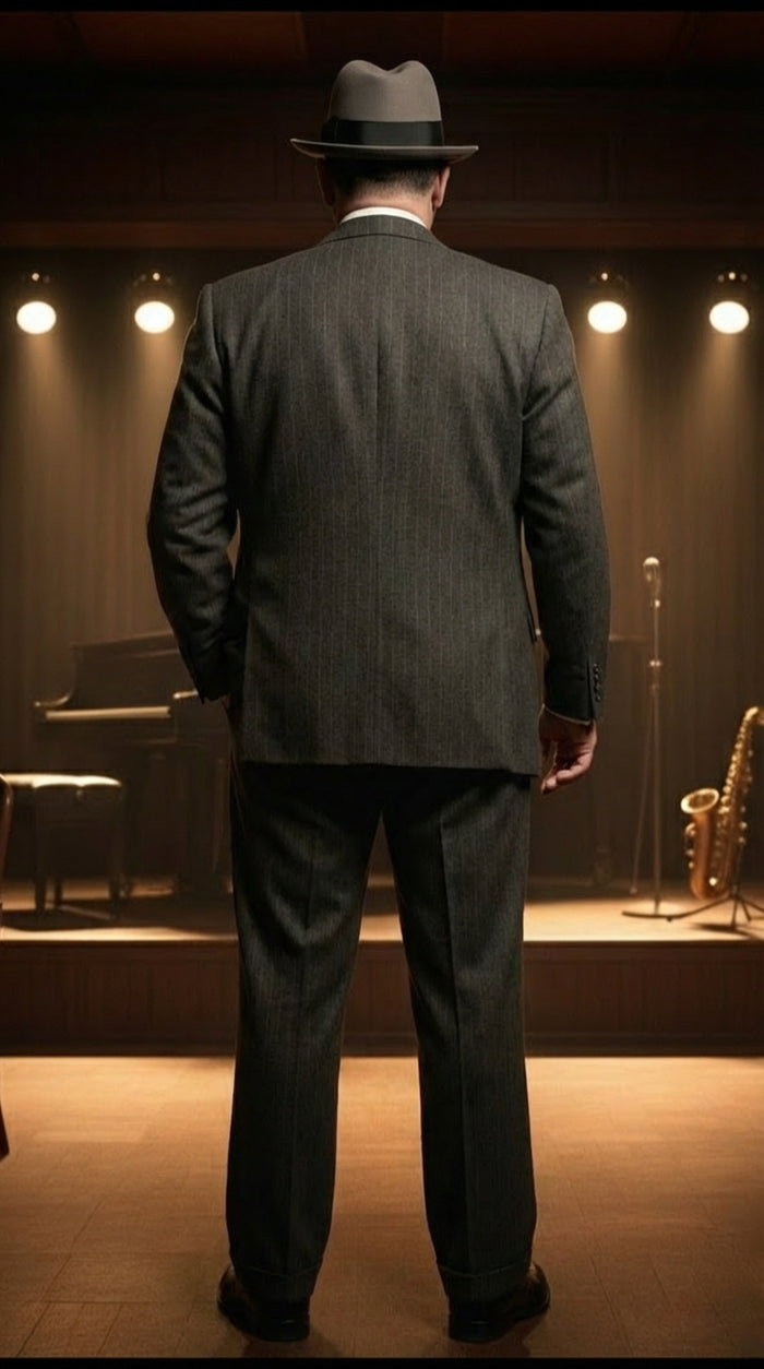 Al Capone Mens Charcoal Gray Stripe 3-Piece Gangster Style Suit 1920s Jazz Club Inspired Formal Suit Outfit