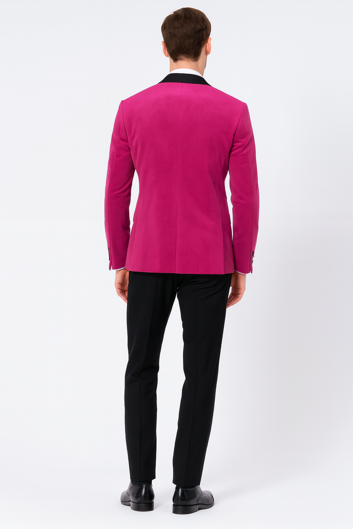 Mens Fuchsia Tuxedo Blazer with Black Satin Lapel â€“ Stylish Party and Wedding Jacket in Hot Pink Color with Black Pants