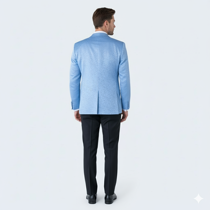 Mens Light Blue Paisley Tuxedo Jacket Elegant Satin Shawl Lapel Dinner Blazer for Weddings, Proms in Sky Powder Blue Color Bowtie
