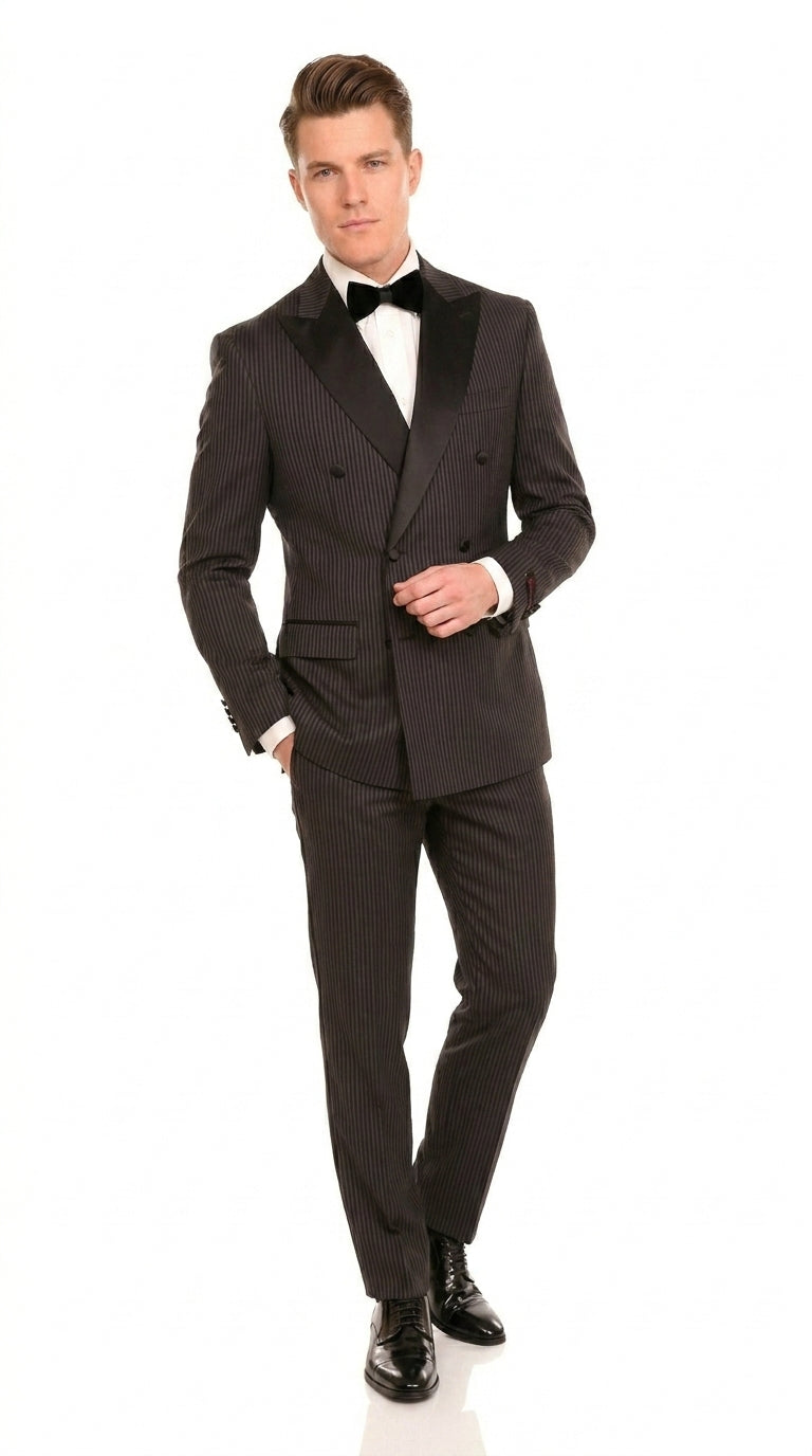 Men’s Double Breasted Suit – Classic Peak Lapel Formal Tuxedo Style Suit for Wedding in Black Ton on Tone Pinstripe - 34 Short or Extra Small