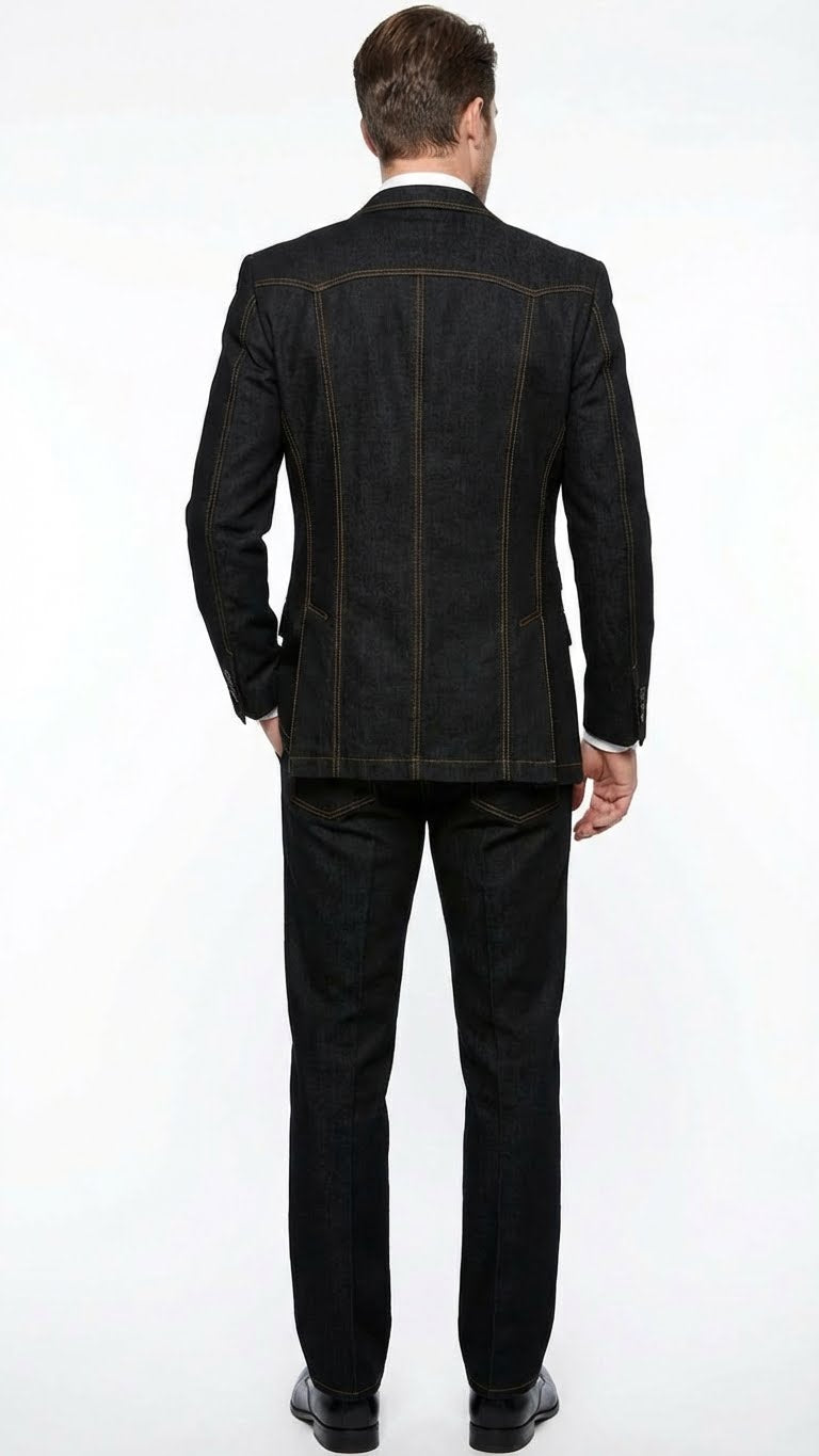 Men's Black Denim Fabric Suit – Classic Three Piece Denim Suit for Wedding, Prom and Church Wear - 34 Short or Extra Small
