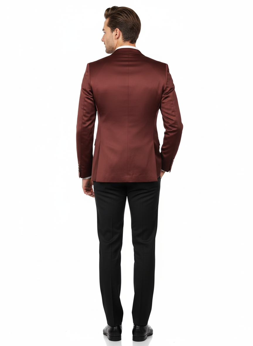 Men’s Slim Fit Maroon Satin Blazer – Elegant Two-Button Formal Suit Jacket for Weddings, in Maroon Wine Color - Maroon