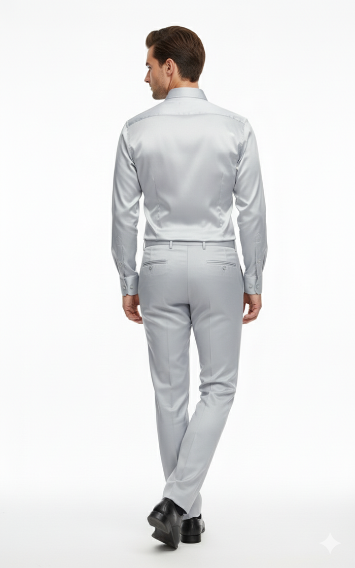 Mens Silver Satin Dress Shirt and Pants Set Luxury Slim Fit Outfit for Parties, Weddings, and Formal Events