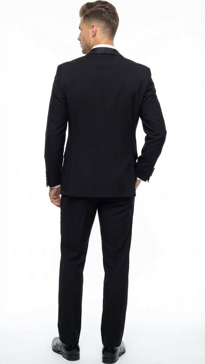 Men's Black Vested Tuxedo Suit with Patterned Lapel Classic Formal Suit for Wedding, Party and Evening Events