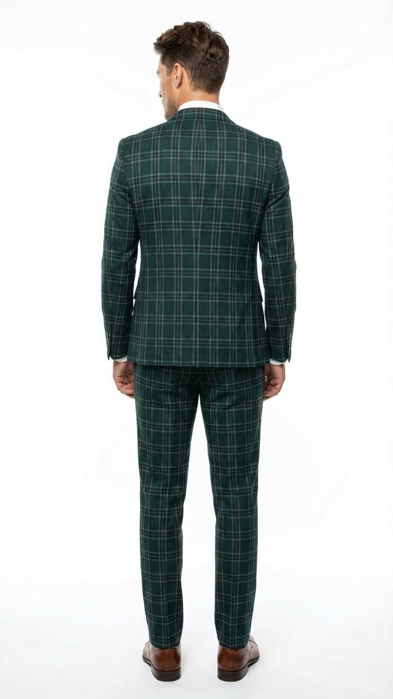 Men's Dark Green Plaid 3 Piece Suit Checkered Suit Set for Wedding, Windowpane Tartan Fabric - Ultra Slim Fit