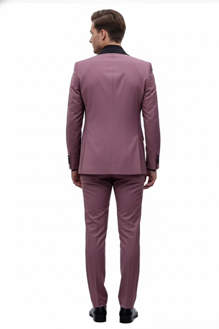 Men's Rose Pink Tuxedo Suit Luxury Three-Piece Formal Wear with Black Satin Lapel Dusty Mauve Color