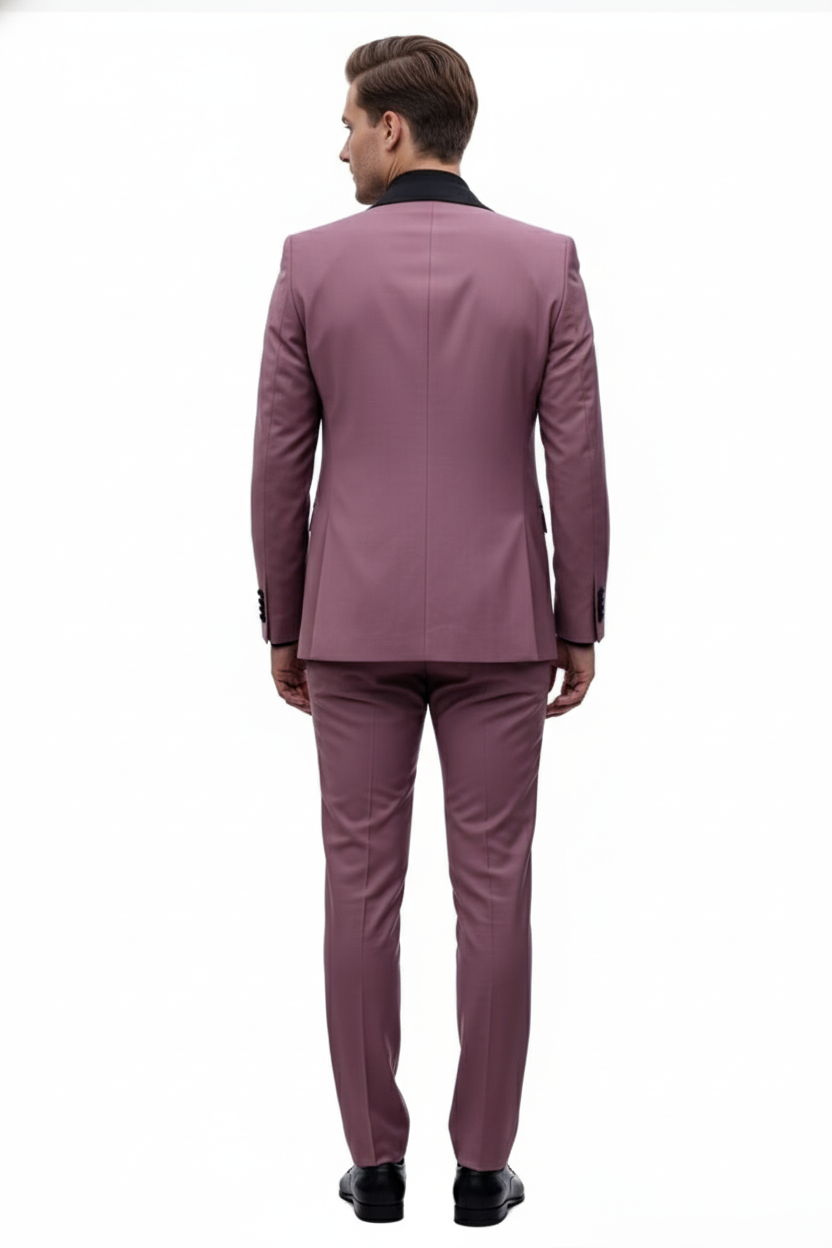 Men's Rose Pink Tuxedo Suit Luxury Three-Piece Formal Wear with Black Satin Lapel Dusty Mauve Color